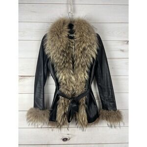 Cache Jacket Womens 2 Black Leather Fur Trim Belted Animal Print Lined Collar